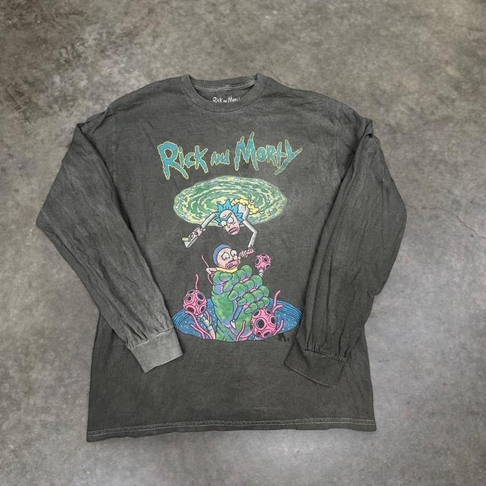 Rick and Morty Acid Wash Long Sleeve Shirt M Dark Wash Graphic Y2K Streetwear